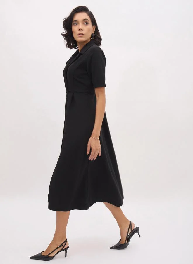 SASSAFRAS Women Black Notch Collar Buttoned Blazer Midi Dress